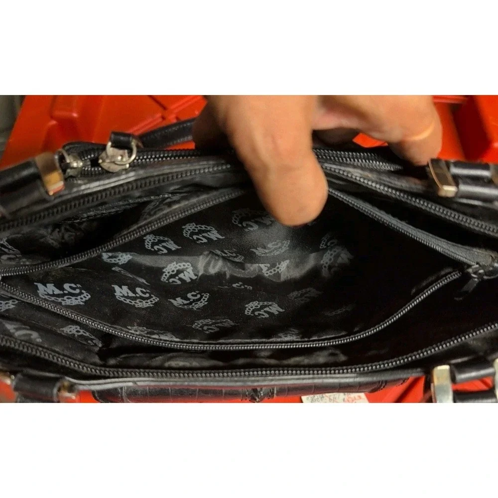 M.C. Marc Chantal‎ Black Embossed Croc LEATHER Satchel Bag Handbag Purse